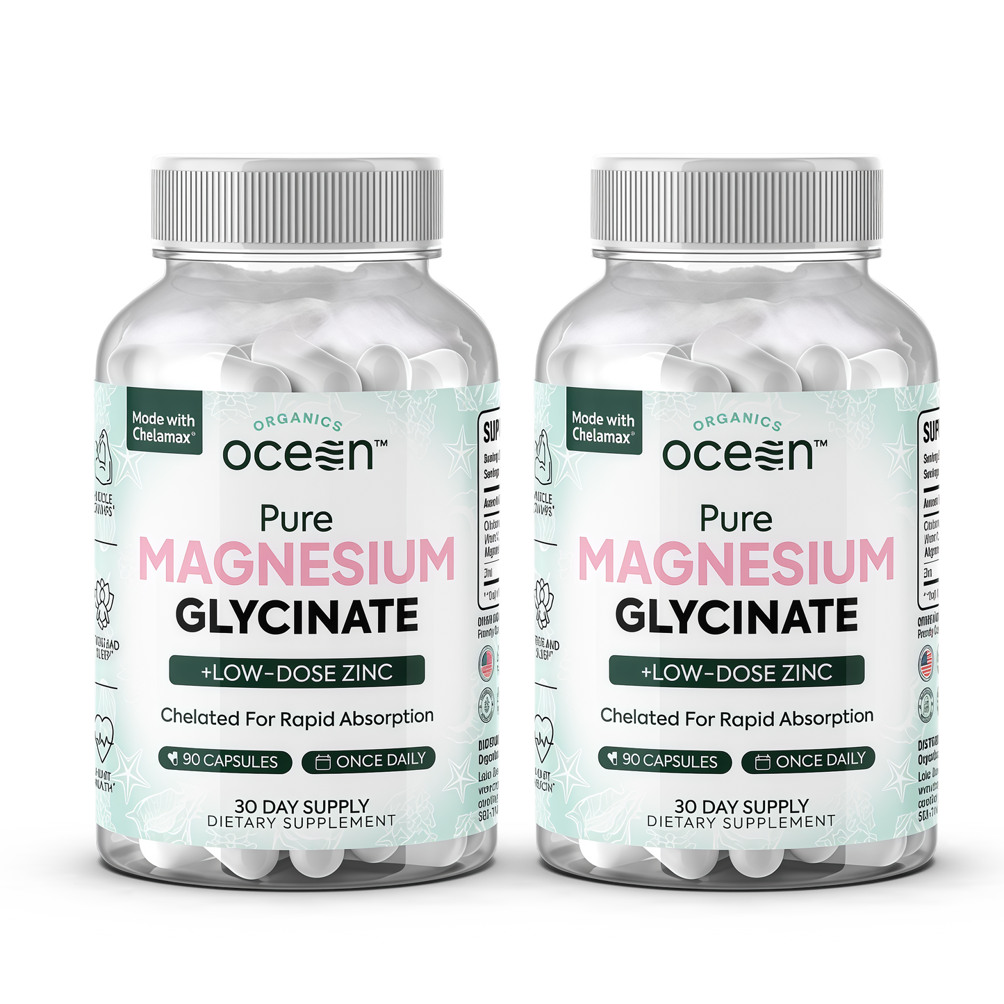 Organics Ocean Pure Magnesium Glycinate with Zinc - Maximum Strength Chelated Magnesium Supplement for Women and Men for Muscle Cramps and Sleep Support - 90 Capsule